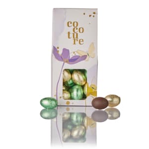 Cocoture æske i lilla med fyldte påskeæg i guld, brun & grøn folie - 95-100g
