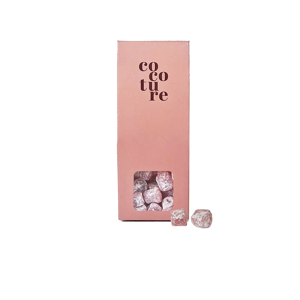 Gourmet vegansk/glutenfri vingummi m/ røde bær i lyserød metallic Cocoture dragébox - 50g