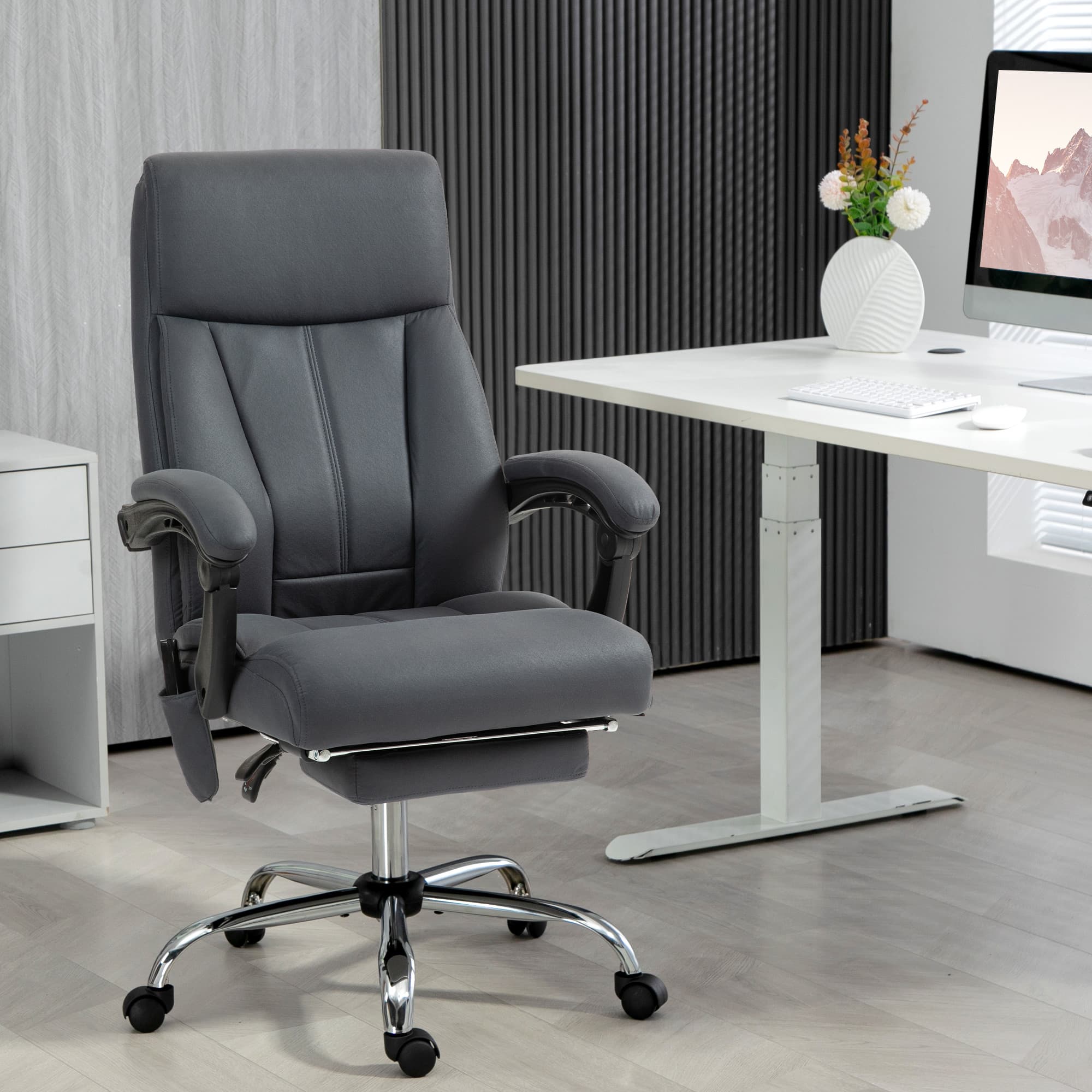 Kontorstol med massagefunktion, højdejusterbar lederstol, ergonomisk med lænefunktion, mørkegrå til kontor og hjemmekontor