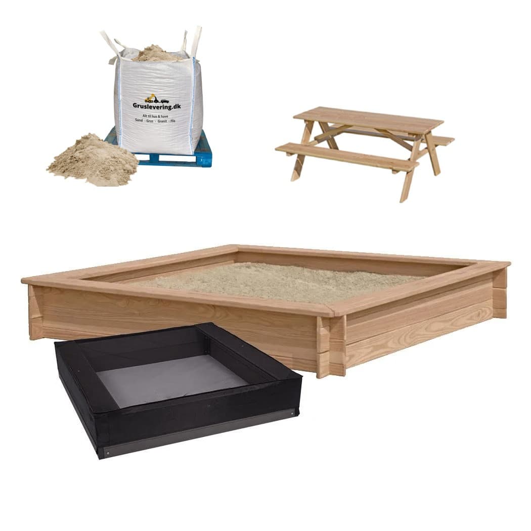 Sandkasse 150x150cm i lærk, 500kg sand, net og børne bord og bænke i lærk