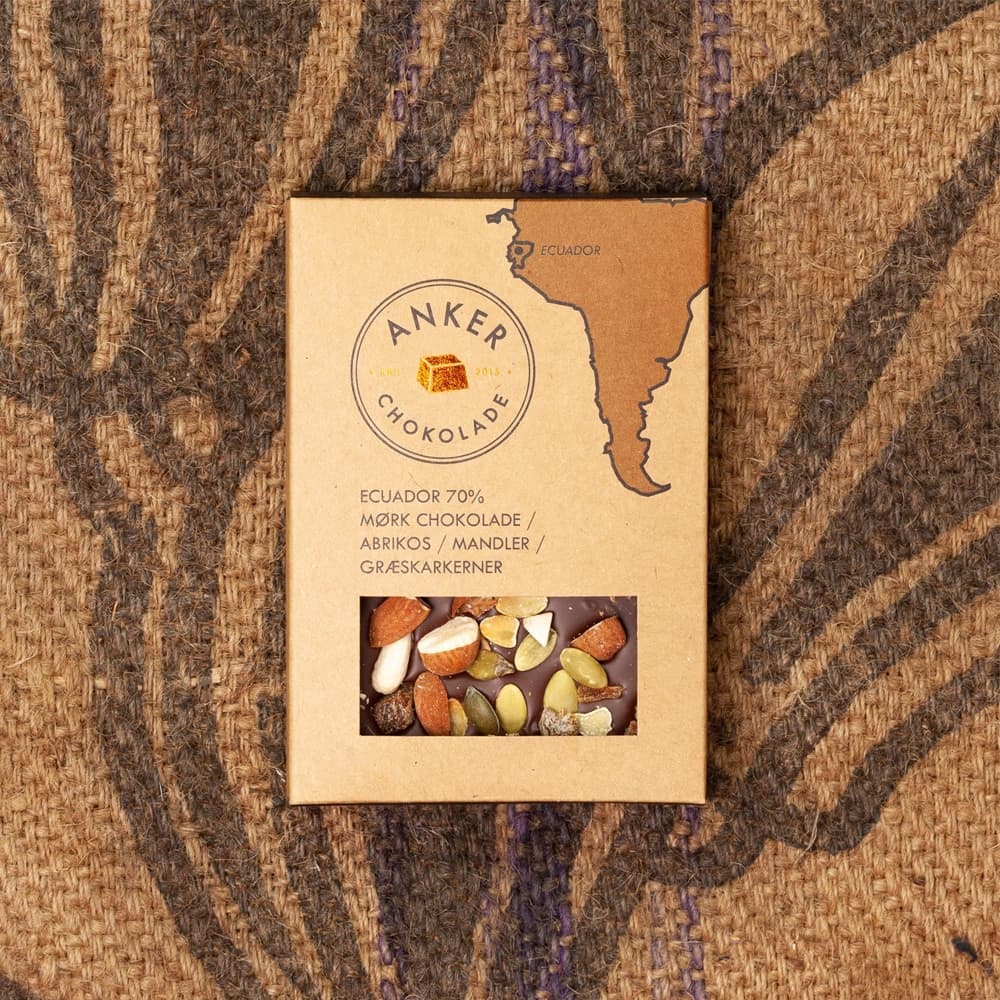Anker Chokolade, 100g Plade  70% Mørk Chokolade, Abrikos, Mandler & Græskarkerner
