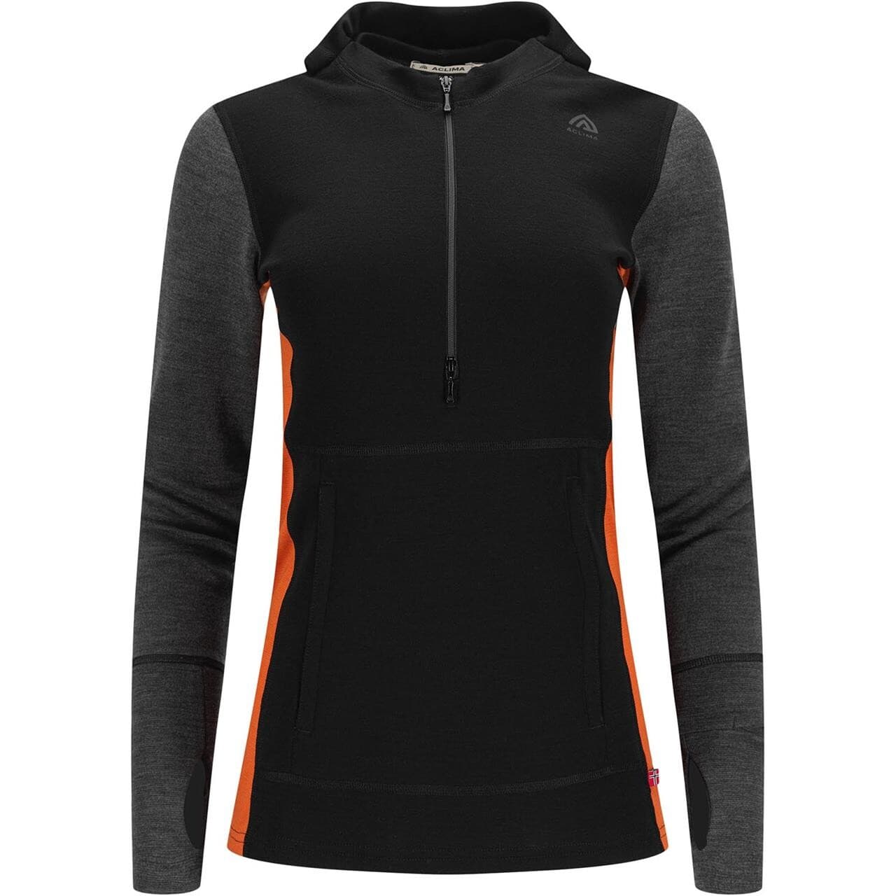 Aclima Womens WarmWool Hood Sweater W/zip (Sort (JET BLACK/MARENGO/GOLD FLAME) Large)