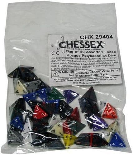Dice - Chessex Opaque - Bag of 50 dice - Assorted Polyhedral d4 (4-Sidet) - TilfÃ¦ldige