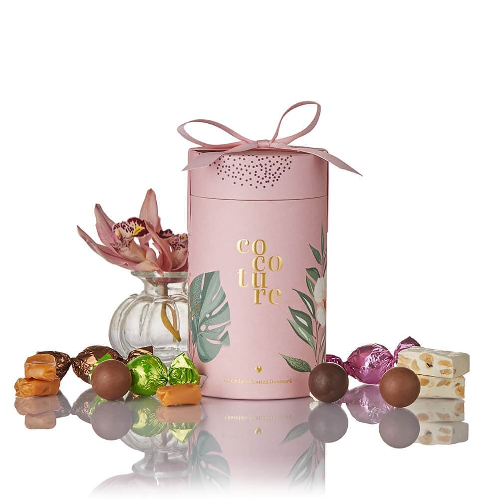 250g mix chokokugler, fransk nougat & karameller i lyserødt & sløjfe