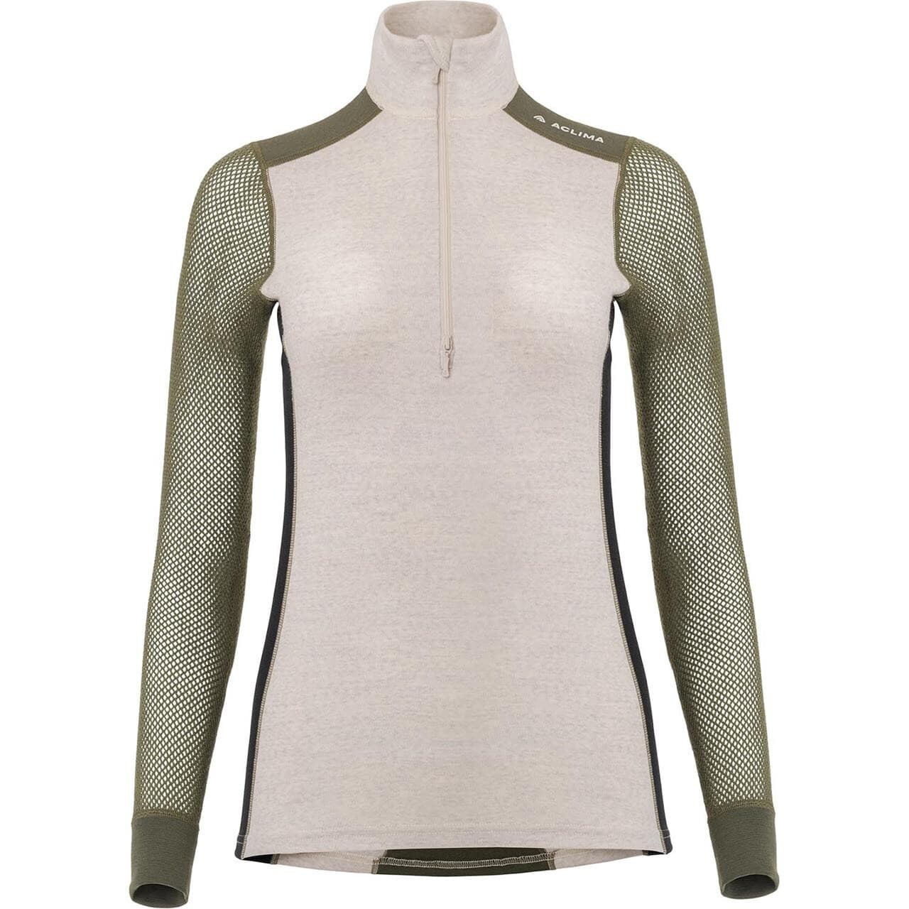 Aclima Womens WoolNet Hybridock Neck W/zip (Beige (BEIGE MELANGE/TARMAC/JET BLACK) Large)