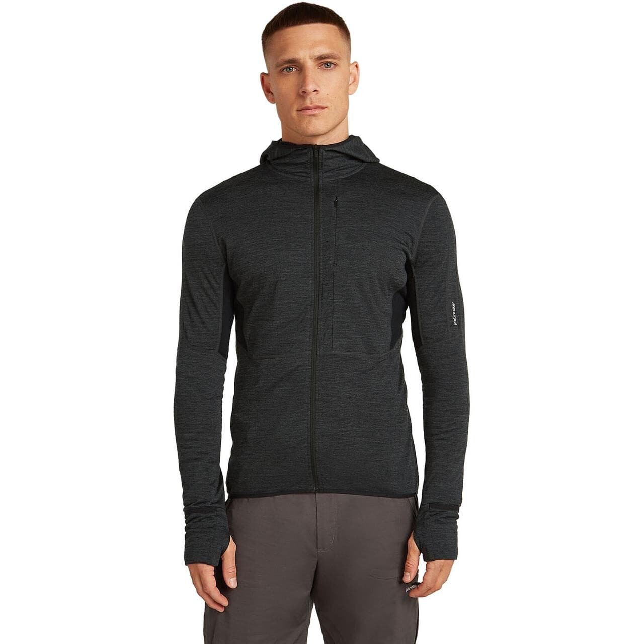Icebreaker Mens 200 Realfleece Descender L/S Zip Hoodie (Grå (JET HTHR/BLACK/CB) Medium)