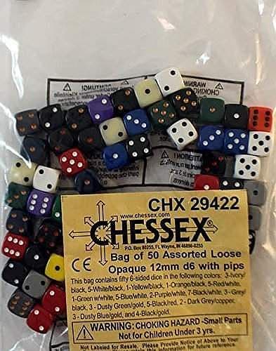 Dice - Chessex Opaque - Bag of 50 dice - Assorted Polyhedral d6 (6-Sidet) - 12mm w. Pips - Tilfældige