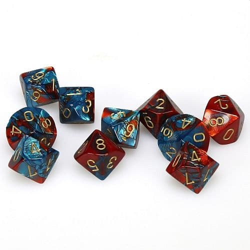 Dice - Terningesæt - 10 terninger - Gemini D10 (10 Sidet) - Red-Teal With Gold