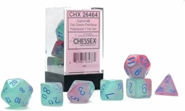 Dice - Terningesæt - 7 terninger - Gemini Polyhedral: Gel Green-Pink With Blue Luminary - Chessex Lab
