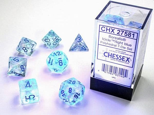 Dice - Terningesæt - 7 terninger - Borealis Polyhedral Luminary (Glow-in-the-Dark): Icicle With Light Blue