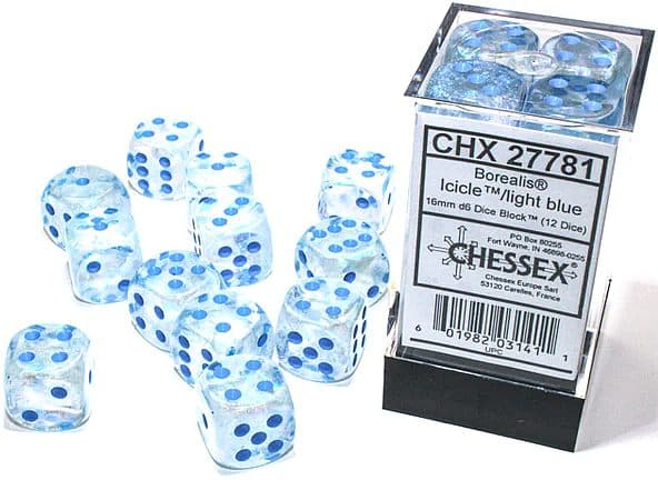 Dice - Terningesæt - 12 stk. 6 sidet (D6) - Borealis Polyhedral Luminary (Glow-in-the-Dark): Icicle With Light Blue