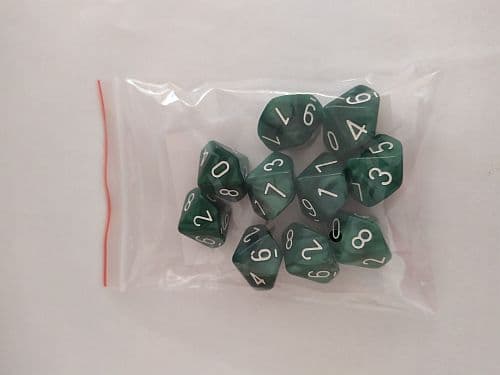 Dice - Terningesæt - 10 terninger - Kaissa Dice: Pearl - Green/White D10 (10 sidet)