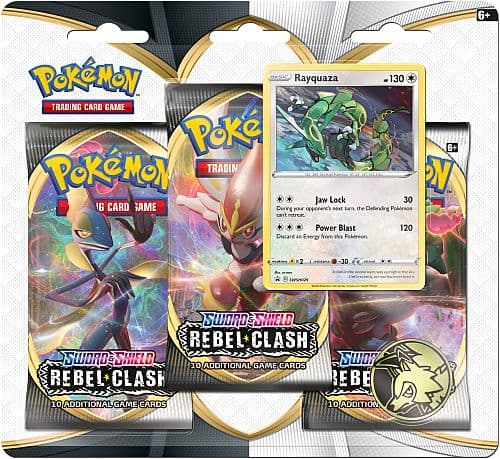 Pokemon Blister Pack - 3 Sword & Shield: Rebel Clash Booster Pakker + Pokemon Mønt & Black Star Promo
