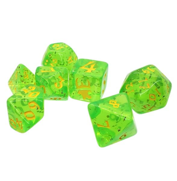 Dice - Terningesæt - 7 terninger - Munchkin Polyhedral - Green with Yellow (Steve Jackson Games)
